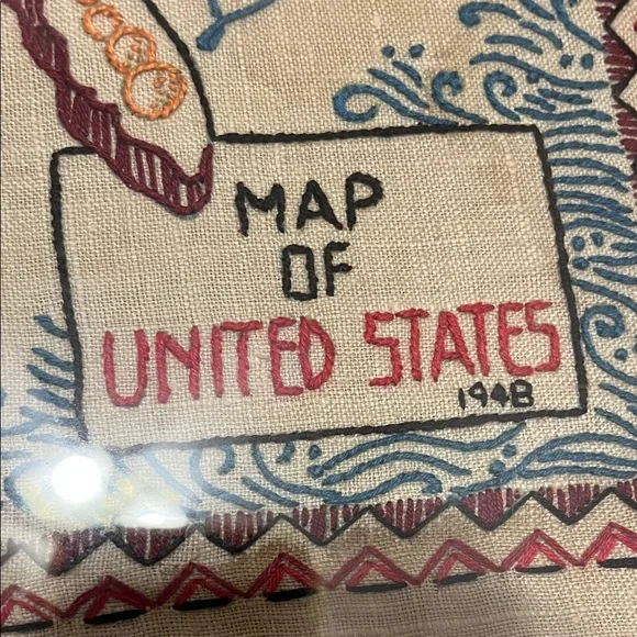 Vintage  United States Hand Embroidered Map Wall Art - Picture 3 of 3
